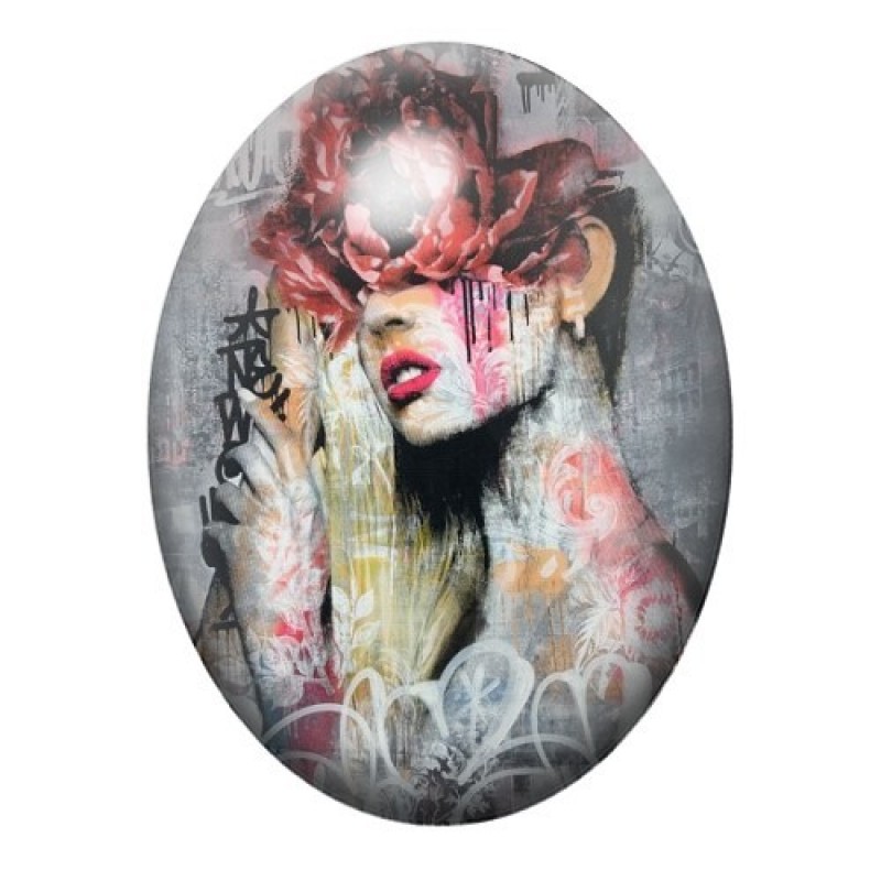 Cabochon en Verre Illustré Femme aux Yeux Bandés Street Art 13x18, 18x25 ou 30x40mm