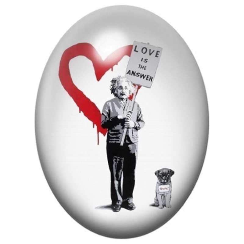 Cabochon en Verre Illustré Albert Einstein peignant un Cœur Rouge 13x18, 18x25 ou 30x40mm