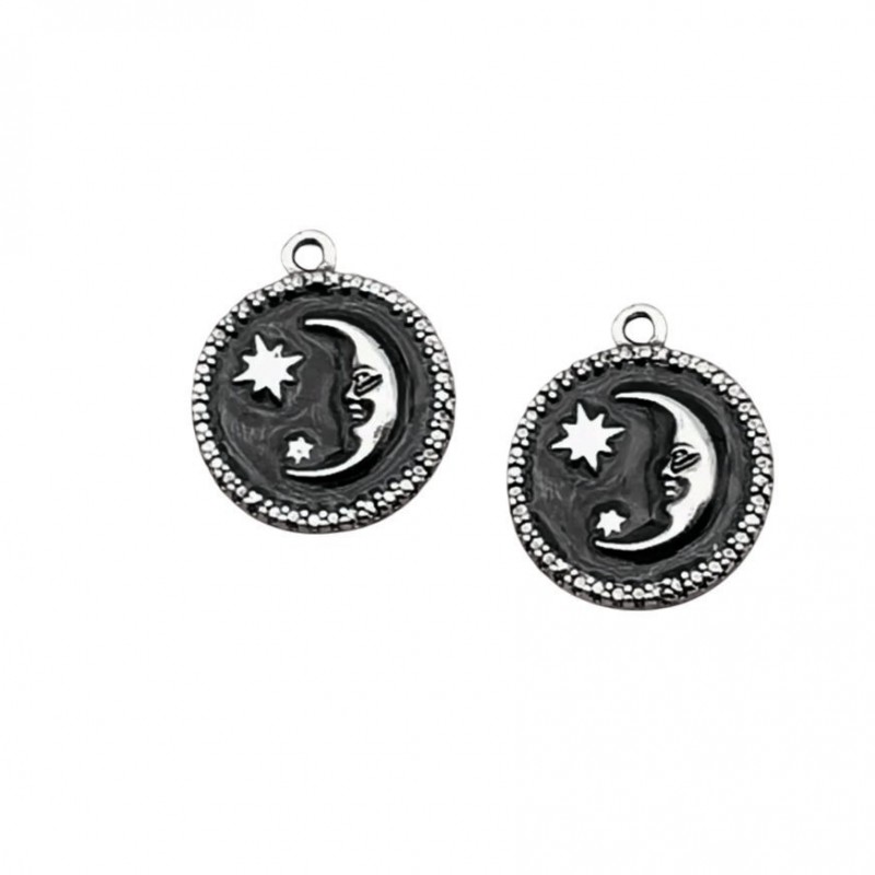 2 Breloques Lune en Émail Noir Métal Argenté 19x16mm