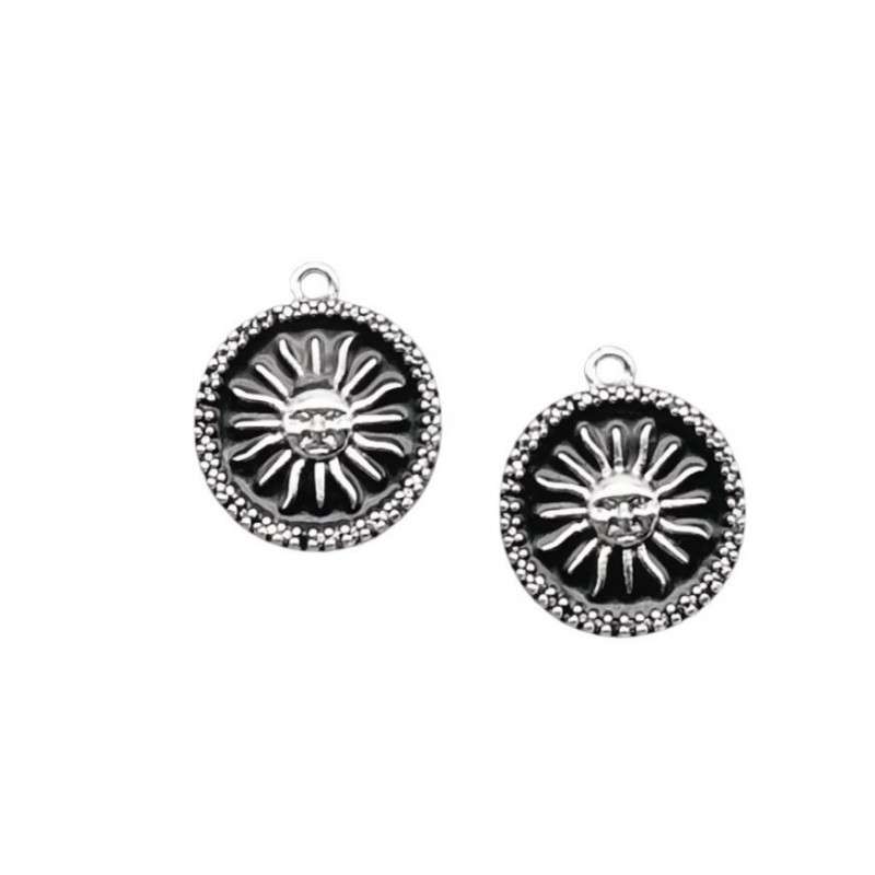 2 Breloques Soleil en Émail Noir Métal Argenté 19x16mm