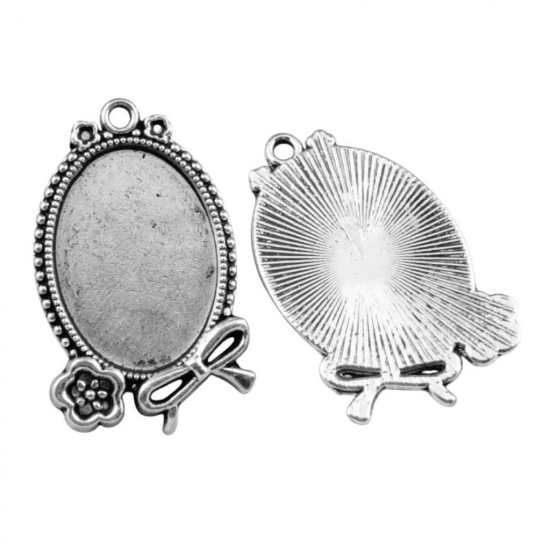 Support Pendentif Fleur et Nœud Argenté pour Cabochon Ovale 18x25mm