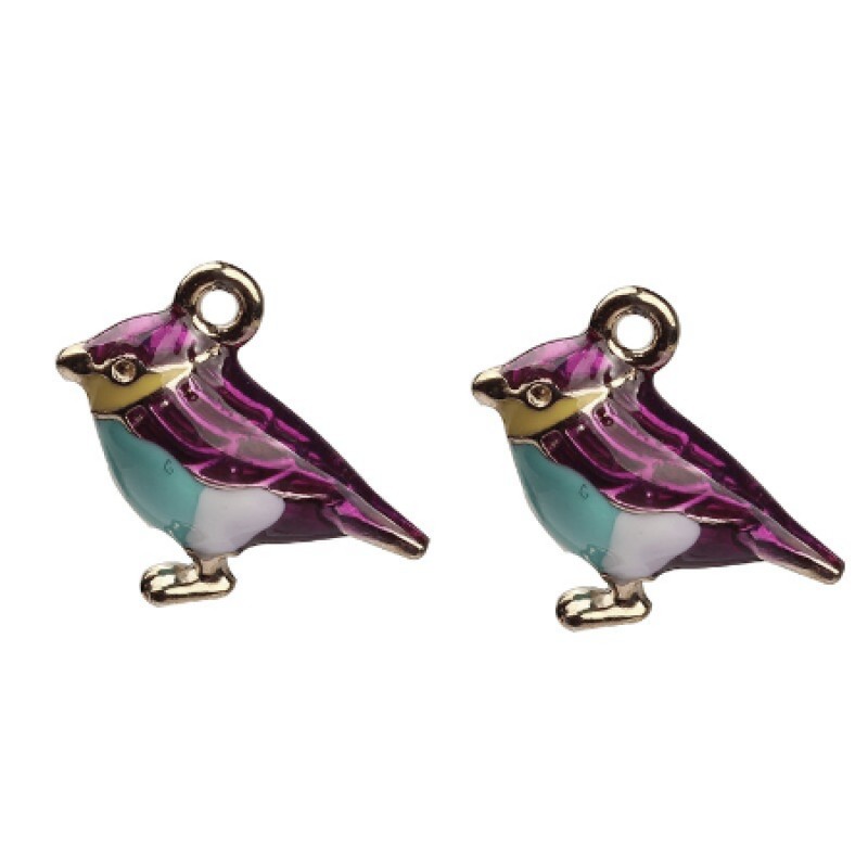 2 Breloques Oiseau en Émail 3D Métal Doré 17x14mm