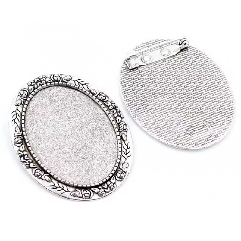 Support Broche Argenté Fleuri pour Cabochon 30x40mm