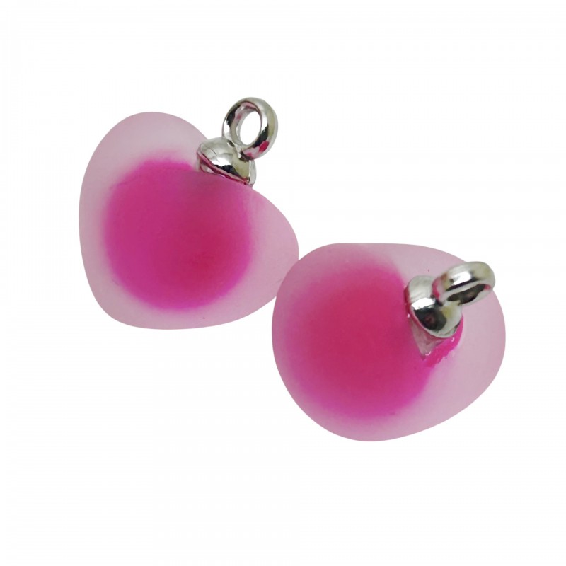 2 Breloques Coeur en Résine Translucide Effet Givré Métal Argenté 18mm