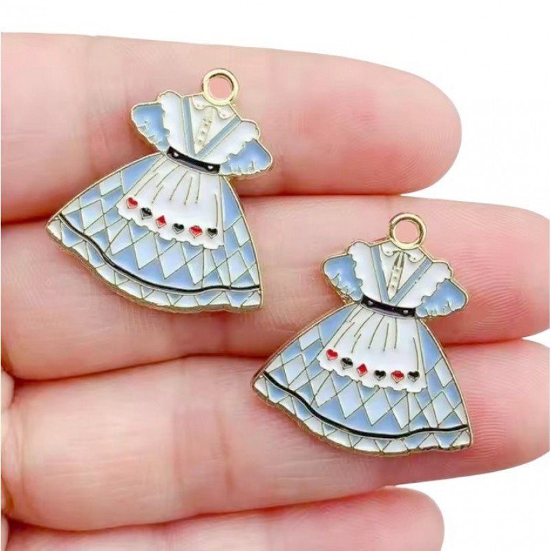 Breloque Robe Alice au Pays des Merveilles en Émail Métal Doré 25x23mm