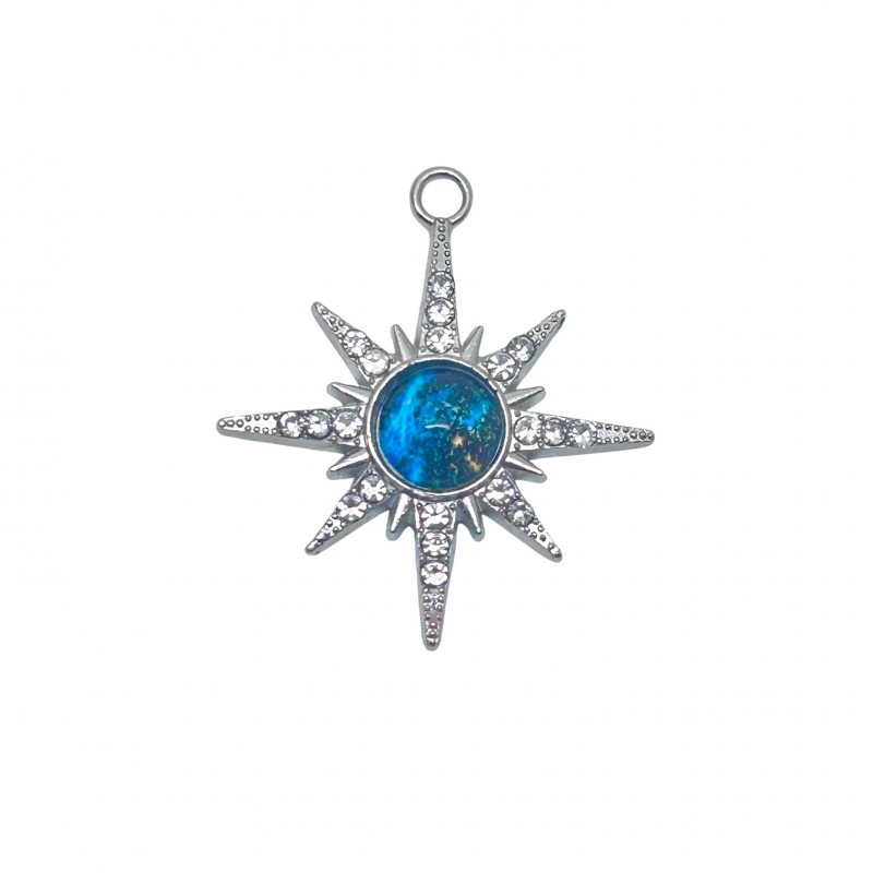 Breloque Étoile Strass Cabochon en Verre Métal Argenté 24x21mm