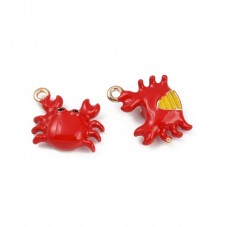 2 Breloques Crabe en Émail Rouge Métal Doré 16x13mm