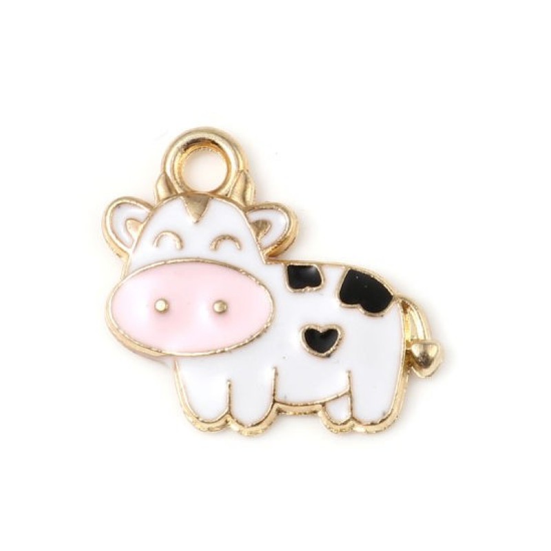 2 Breloques Vache en Émail Métal Doré 19x17mm