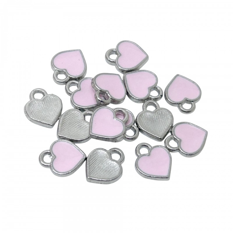4 Breloques Coeur en Émail Rose Métal Argenté 8x7mm Saint Valentin