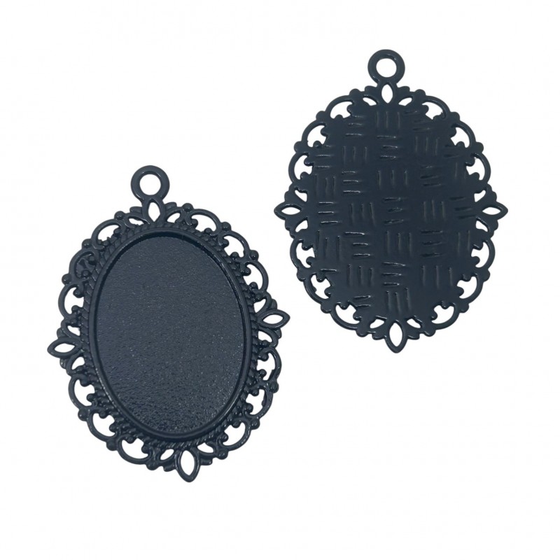 Support Pendentif Noir Ornementé pour Cabochon Ovale 18x25mm