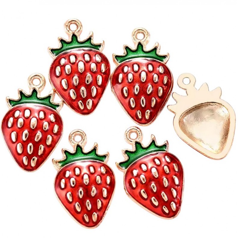 4 Breloques Fruit Fraise Émaillée en Métal Doré 10x16mm