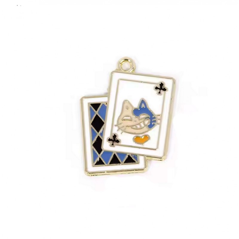 Breloque Carte Chat du Cheshire Alice au Pays des Merveilles en Émail Métal Doré 28x22mm