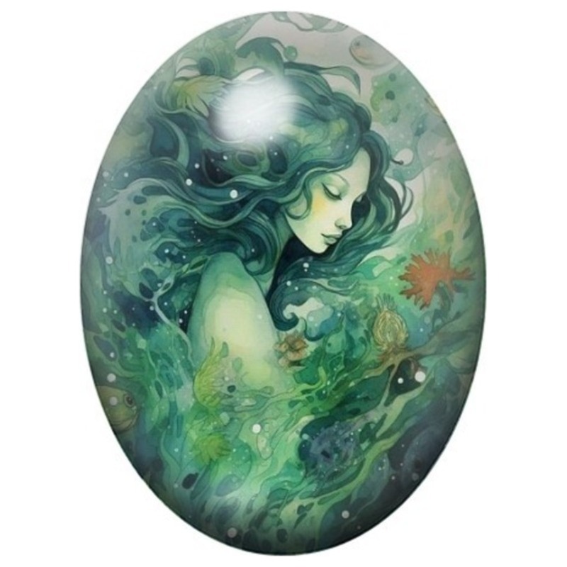 Cabochon en Verre Illustré Femme Ondine aux Cheveux Verts 13x18, 18x25 ou 30x40mm