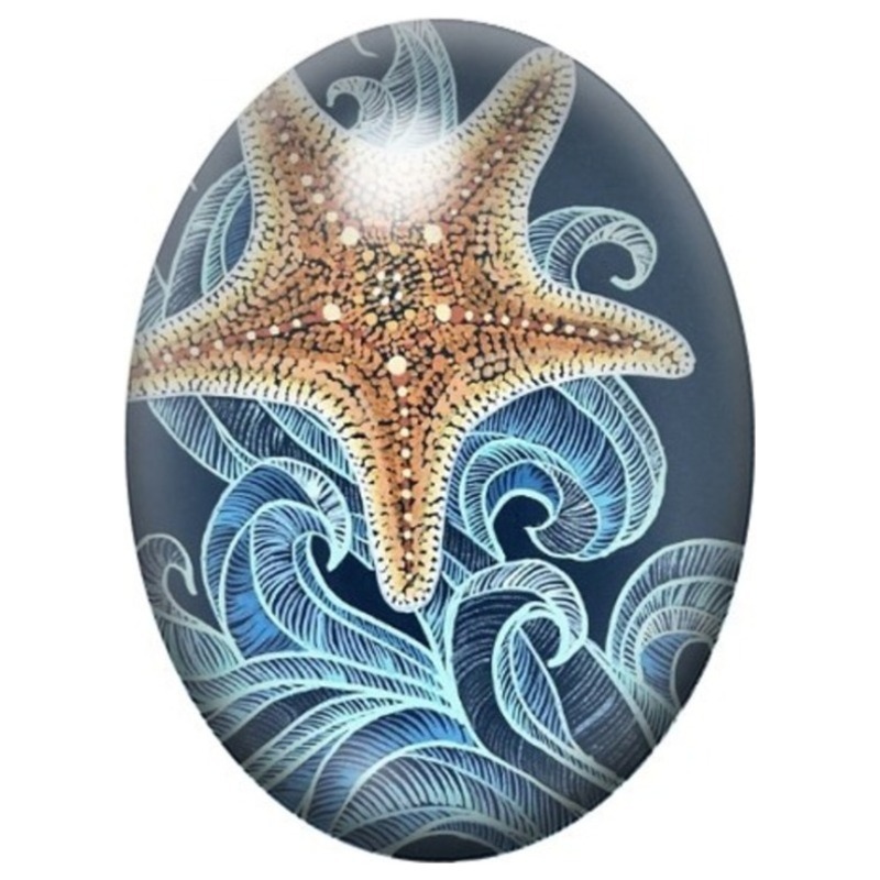 Cabochon en Verre Illustré Étoile de Mer sur les Vagues Bleues 13x18, 18x25 ou 30x40mm