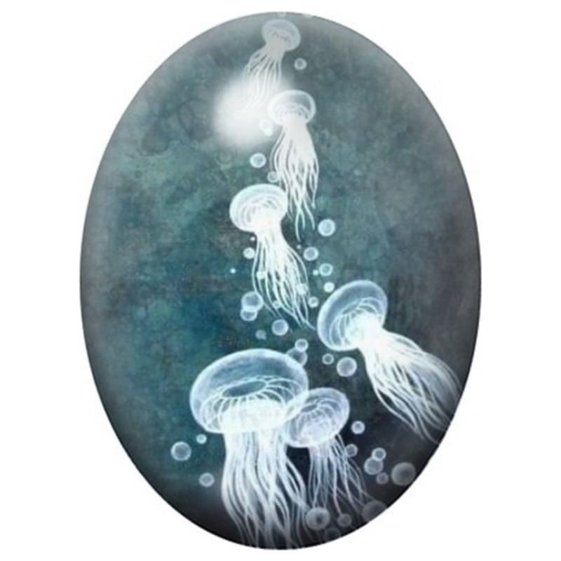 Cabochon en Verre Illustré Méduses Blanches dans l’Eau Turquoise 13x18, 18x25 ou 30x40mm