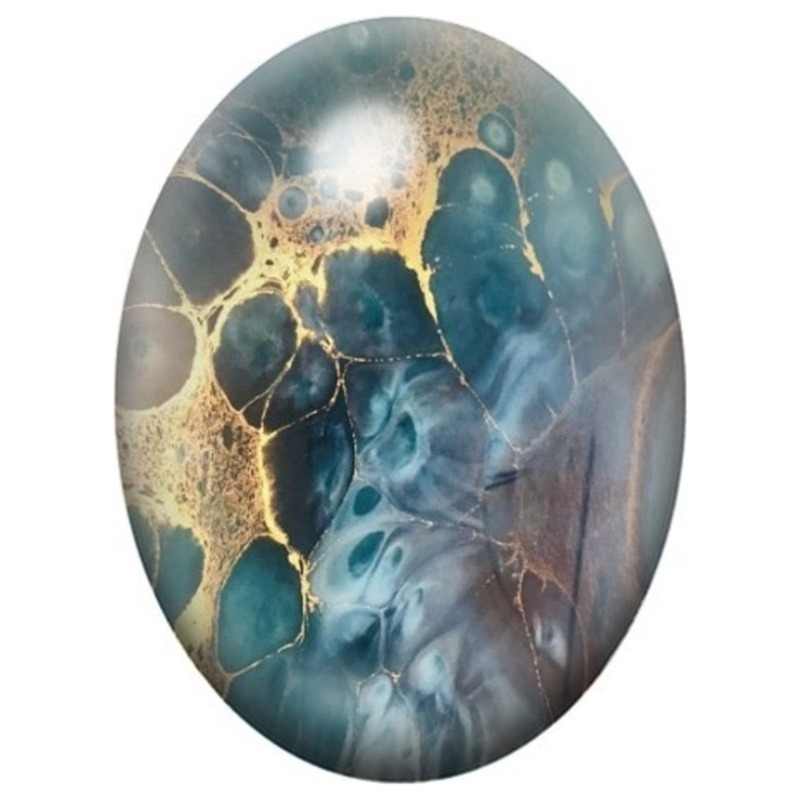 Cabochon en Verre Illustré Cellules Abstraites Bleues et Dorées 13x18, 18x25 ou 30x40mm