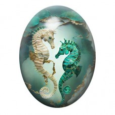 Cabochon en Verre Illustré Duo d’Hippocampes Turquoise et Ivoire 13x18, 18x25 ou 30x40mm pour la création de bijoux fantaisie - 