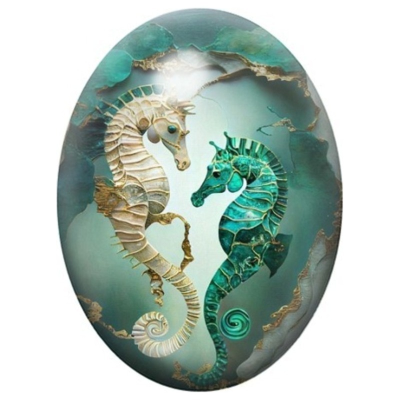 Cabochon en Verre Illustré Duo d’Hippocampes Turquoise et Ivoire 13x18, 18x25 ou 30x40mm