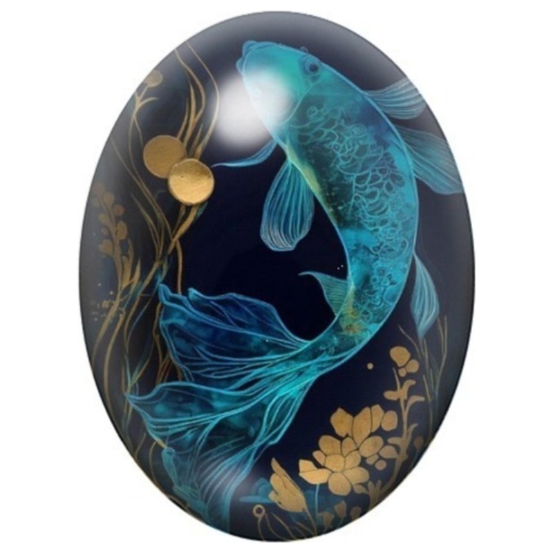 Cabochon en Verre Illustré Poisson Bleu aux Fleurs Dorées 13x18, 18x25 ou 30x40mm