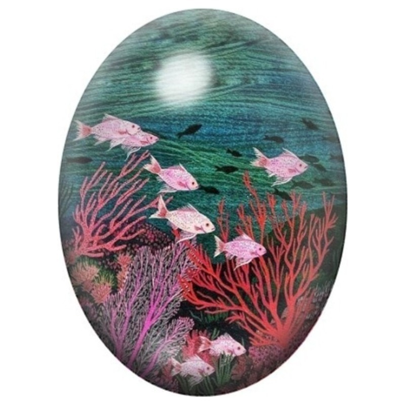Cabochon en Verre Illustré Banc de Poissons Roses dans les Coraux 13x18, 18x25 ou 30x40mm