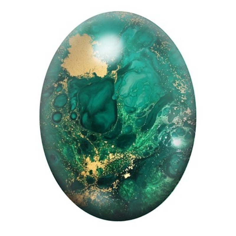 Cabochon en Verre Illustré Encre Verte et Or Abstraite 13x18, 18x25 ou 30x40mm