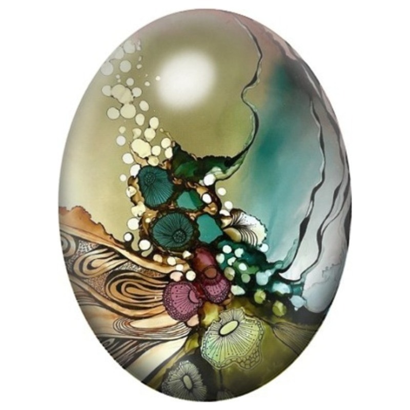 Cabochon en Verre Illustré Abstraction Verte aux Cercles Dorés 13x18, 18x25 ou 30x40mm