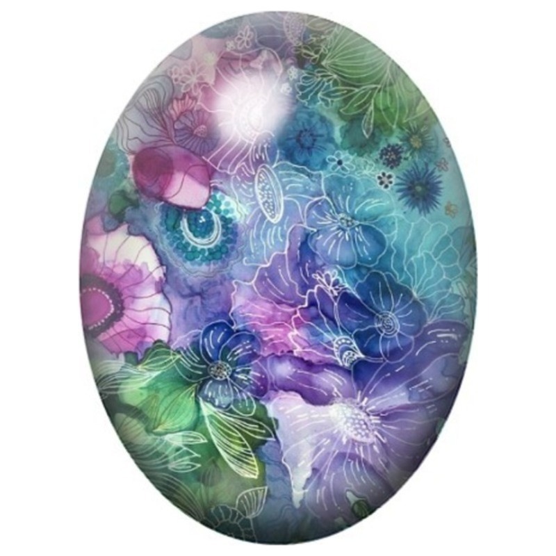 Cabochon en Verre Illustré Fleurs Violettes dans un Jardin Turquoise 13x18, 18x25 ou 30x40mm