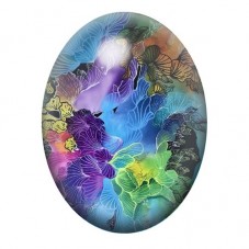Cabochon en Verre Illustré Feuilles Multicolores sur Fond Bleu 13x18, 18x25 ou 30x40mm pour la création de bijoux fantaisie - DI