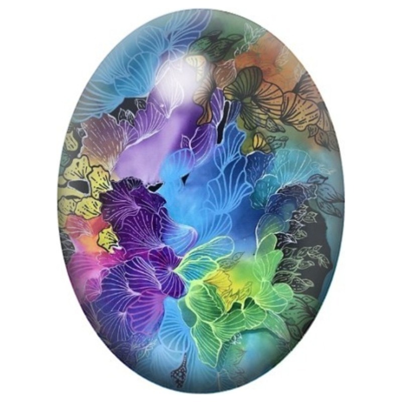 Cabochon en Verre Illustré Feuilles Multicolores sur Fond Bleu 13x18, 18x25 ou 30x40mm