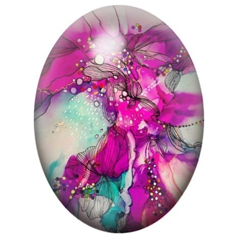 Cabochon en Verre Illustré Fleurs Abstraites Fuchsia et Turquoise 13x18, 18x25 ou 30x40mm