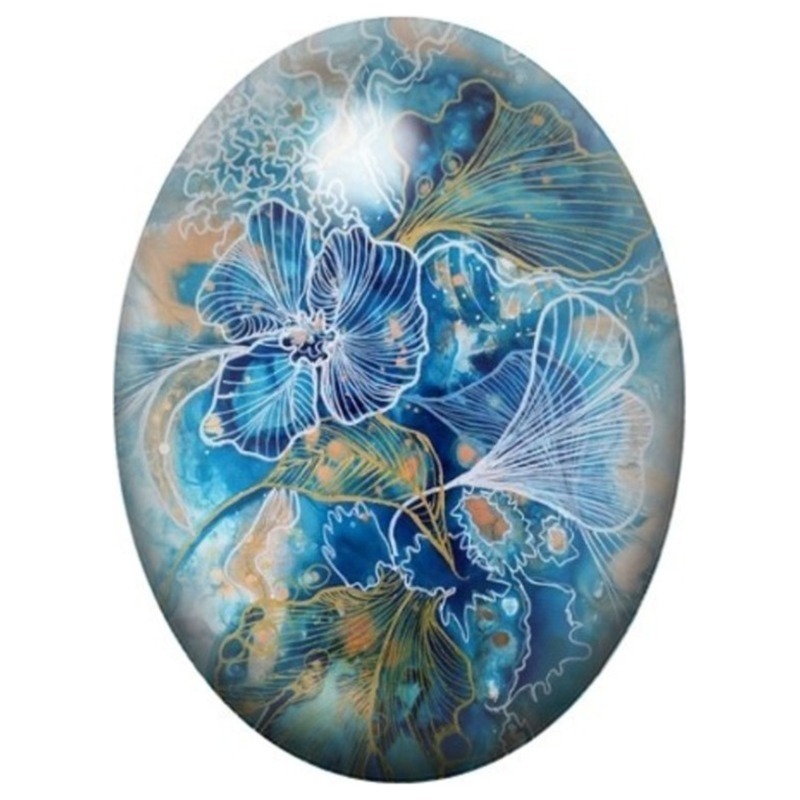 Cabochon en Verre Illustré Fleurs Bleues aux Filaments Dorés 13x18, 18x25 ou 30x40mm