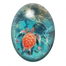 Cabochon en Verre Illustré Tortue Marine Orange dans l’Océan 13x18, 18x25 ou 30x40mm pour la création de bijoux fantaisie - DIY
