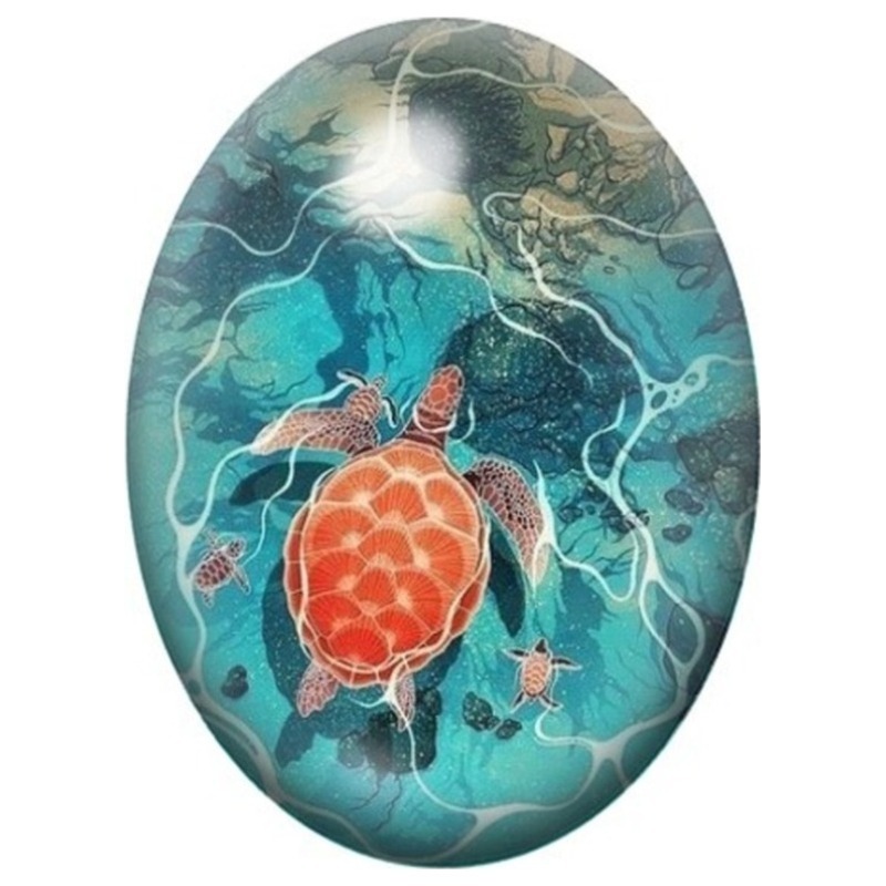 Cabochon en Verre Illustré Tortue Marine Orange dans l’Océan 13x18, 18x25 ou 30x40mm