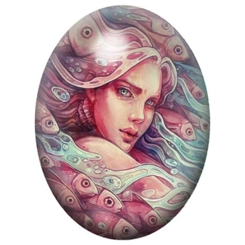 Cabochon en Verre Illustré Femme des Vagues aux Cheveux Roses 13x18, 18x25 ou 30x40mm