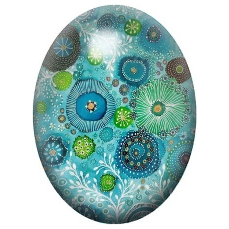 Cabochon en Verre Illustré Rosaces Florales Turquoise et Vertes 13x18, 18x25 ou 30x40mm