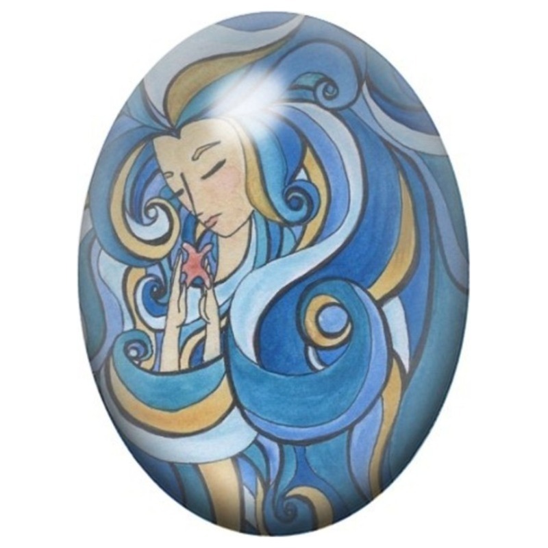 Cabochon en Verre Illustré Femme aux Longs Cheveux Bleus 13x18, 18x25 ou 30x40mm