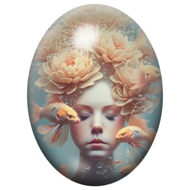 Cabochon en Verre Illustré Femme aux Fleurs et Poissons Dorés 13x18, 18x25 ou 30x40mm