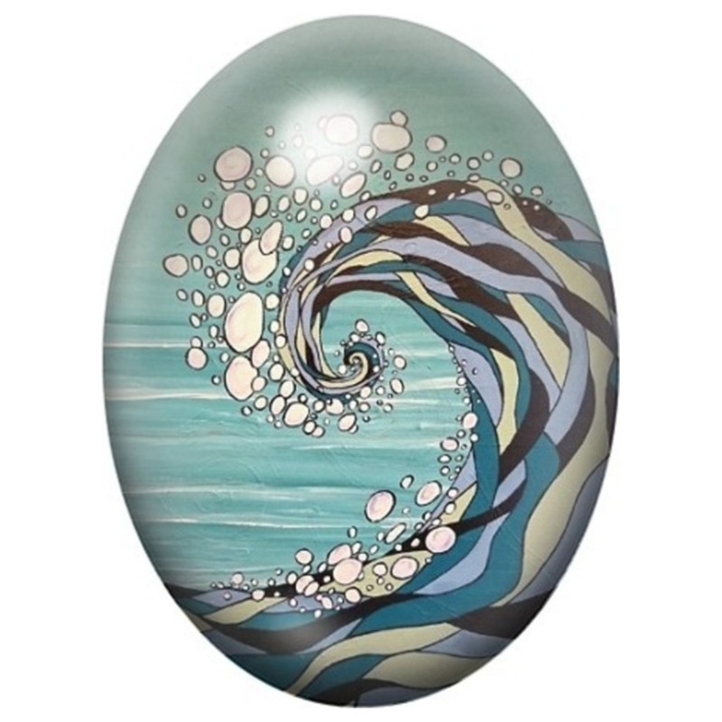 Cabochon en Verre Illustré Vague Graphique Bleue et Beige 13x18, 18x25 ou 30x40mm