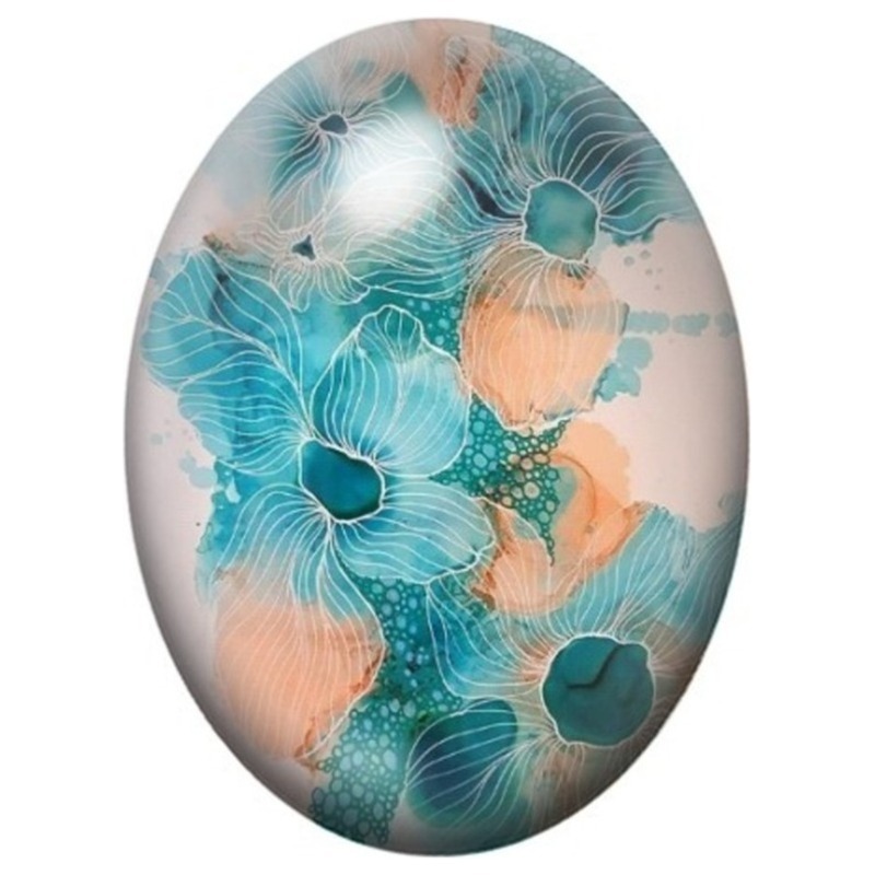 Cabochon en Verre Illustré Fleurs Bleues sur Fond Corail 13x18, 18x25 ou 30x40mm