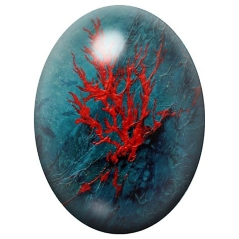 Cabochon en Verre Illustré Corail Rouge sur Fond Bleu 13x18, 18x25 ou 30x40mm