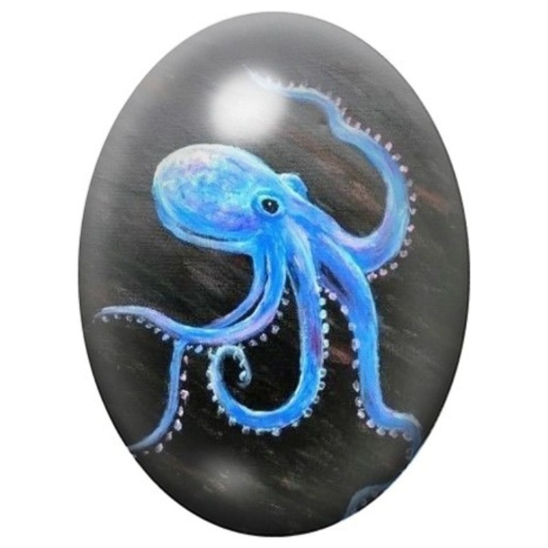 Cabochon en Verre Illustré Poulpe Bleu Lumineux 13x18, 18x25 ou 30x40mm