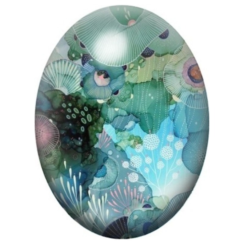 Cabochon en Verre Illustré Jardin Abstrait Vert et Turquoise 13x18, 18x25 ou 30x40mm