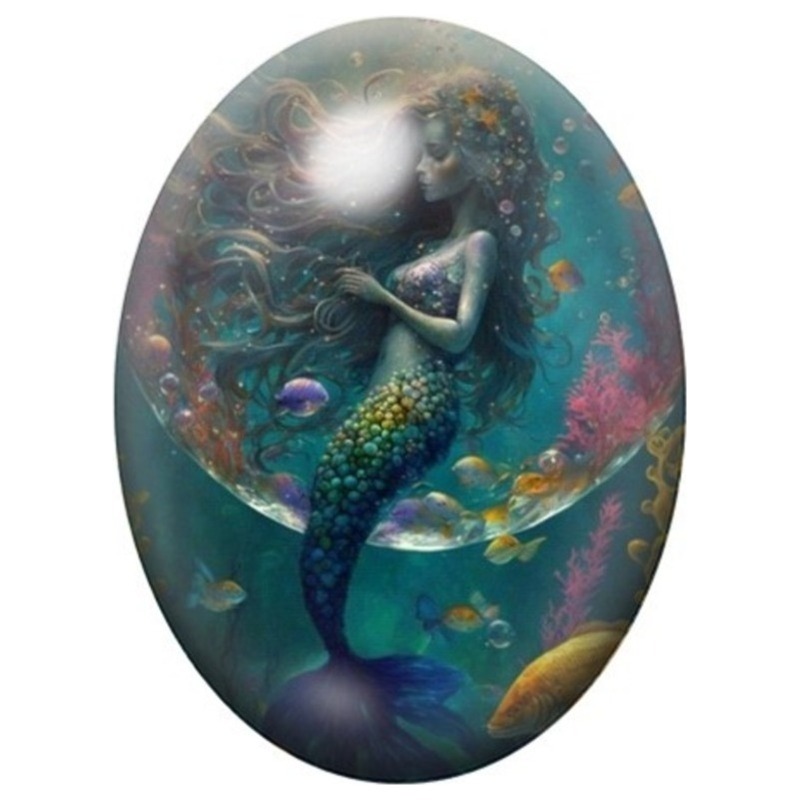 Cabochon en Verre Illustré Sirène dans un Jardin Sous-Marin 13x18, 18x25 ou 30x40mm