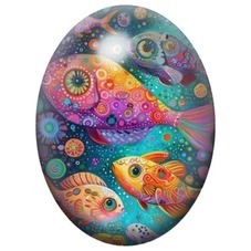 Cabochon en Verre Illustré Poissons Colorés aux Motifs Fantaisie 13x18, 18x25 ou 30x40mm pour la création de bijoux fantaisie - 