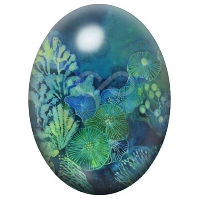 Cabochon en Verre Illustré Jardin Marin Vert et Bleu 13x18, 18x25 ou 30x40mm