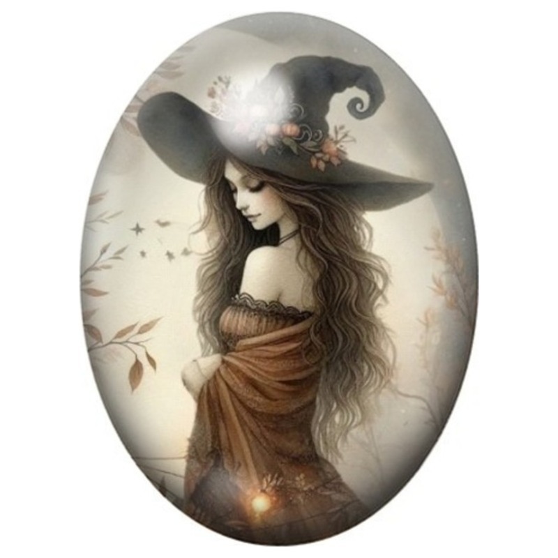 Cabochon en Verre Illustré Sorcière Brune de Profil 13x18, 18x25 ou 30x40mm