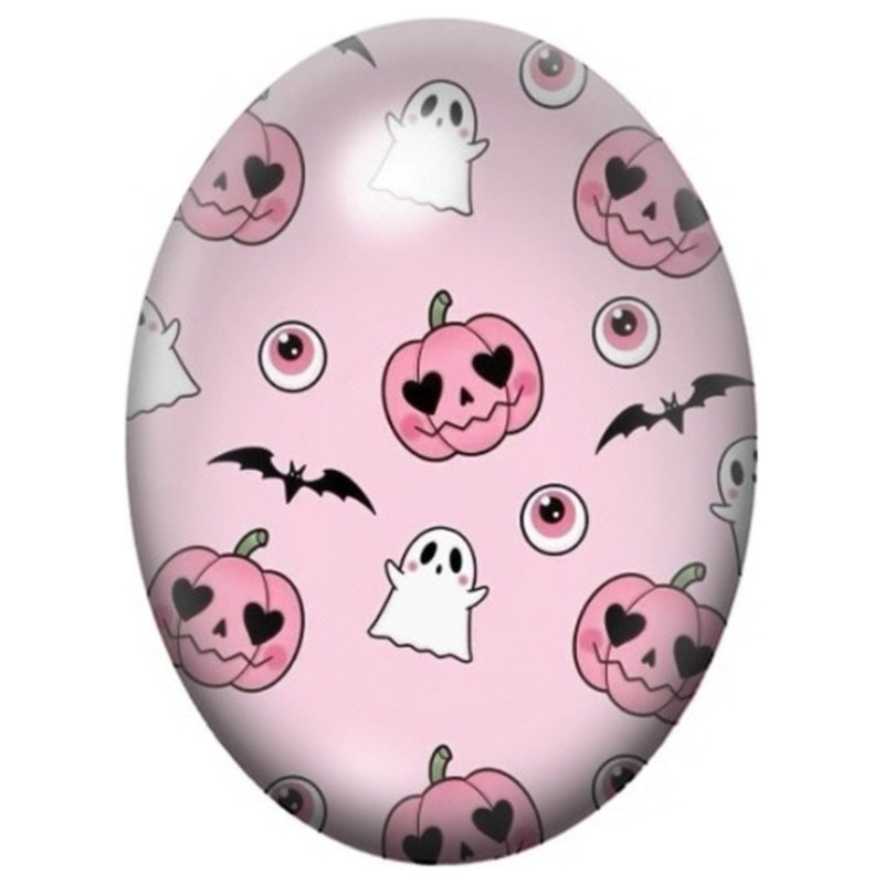 Cabochon en Verre Illustré Motif Halloween Rose aux Citrouilles et Fantômes 13x18, 18x25 ou 30x40mm