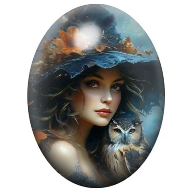 Cabochon en Verre Illustré Sorcière au Chat Gris sous un Chapeau Bleu 13x18, 18x25 ou 30x40mm