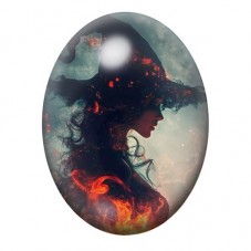 Cabochon en Verre Illustré Silhouette de Sorcière dans une Fumée Rouge et Bleue 13x18, 18x25 ou 30x40mm pour la création de bijo