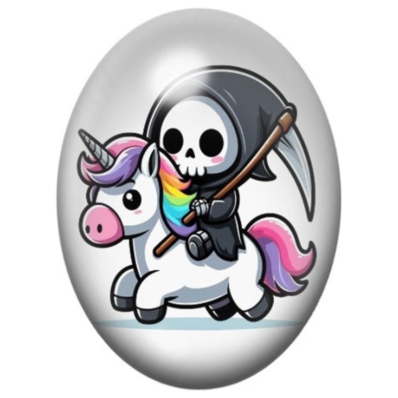 Cabochon en Verre Illustré Faucheuse Kawaii sur une Licorne 13x18, 18x25 ou 30x40mm